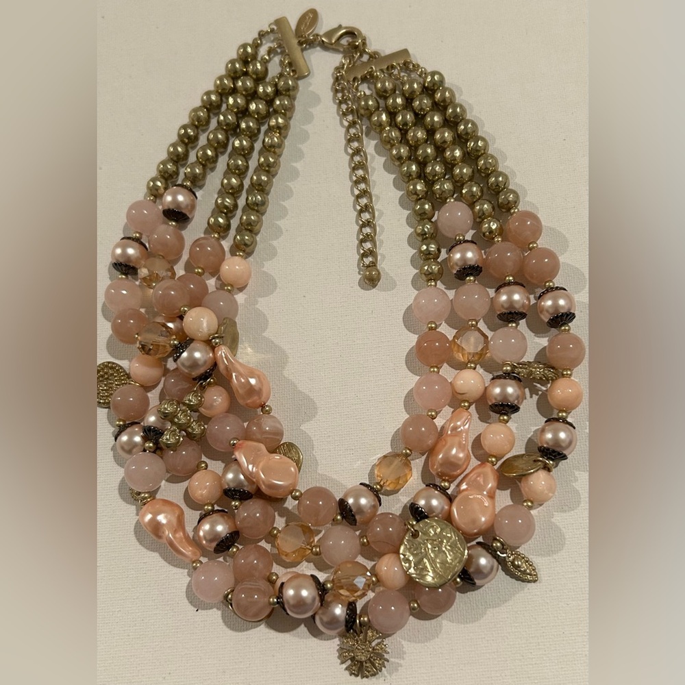 Chico’s Elegant Multi-Strand Pink & Gold  Beaded Necklace with Charms